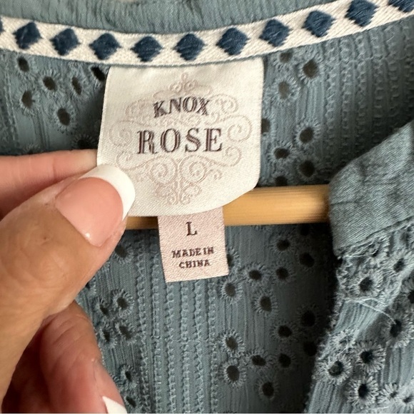 Knox Rose Green Hi-Low Gauze Tunic Crochet Lace Yoke Long Sleeves Large Boho - Picture 9 of 10